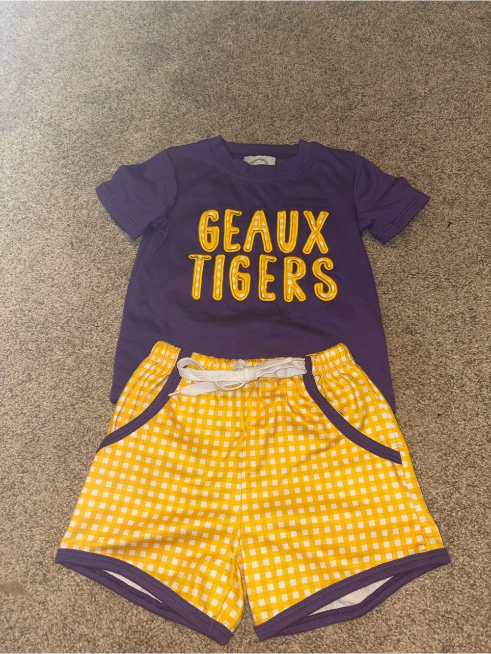 Purple & Yellow 'Geaux Tigers' Kids Shorts set
